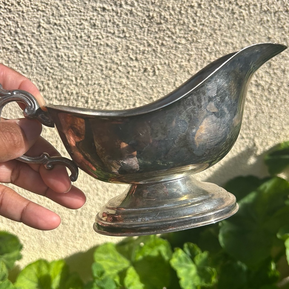 Silver Plated Cream Or Gravy Boat - 8 Inches Long With Patina